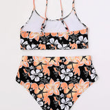 Bikini para mujer – Cintura alta – Estilo camiseta de tirantes – Estampado floral – Tejido transpirable