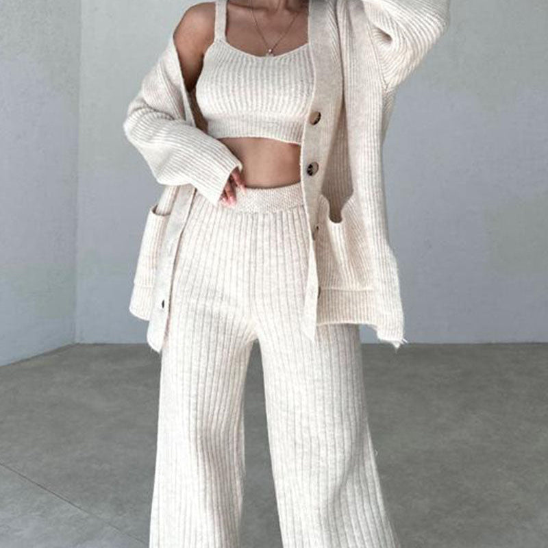 Conjunto de 3 piezas para mujer - Tejido de punto cómodo - Cárdigan extragrande, camiseta sin mangas y pantalón ancho
