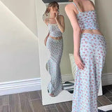 Conjunto de dos piezas: camiseta de tirantes con estampado floral y falda larga midi