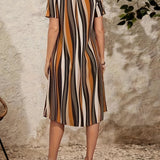 Vestido de mujer - Corte en A - Mangas cortas - Elegante escote en V - Estampado de rayas