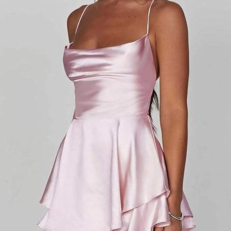 Minivestido de mujer - Satén elegante - Cuello vuelto - Tirantes finos - Corte acampanado