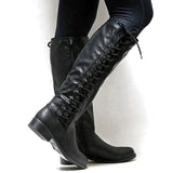Botas hasta la rodilla para mujer – Corte ajustado – Cordones delanteros – Suela plana con cremallera