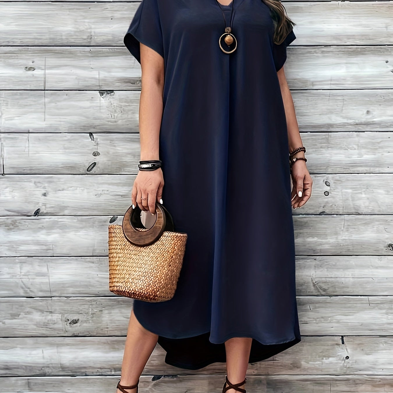 Vestido de mujer - Corte asimétrico holgado - Cuello en V elegante - Mangas cortas y sueltas