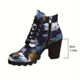 Botines de mujer - Tacón cuadrado - Cordones y cremallera lateral - Estampado artístico de moda