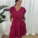 Vestido de mujer – Corte informal – Mangas con volantes – Cuello en V – Botones y cintura ajustable