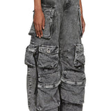 Pantalón cargo multibolsillos gris lavado, estilo urbano