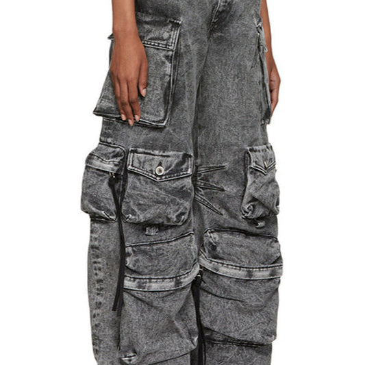 Pantalón cargo multibolsillos gris lavado, estilo urbano