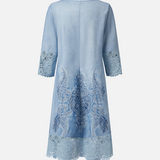 Vestido de mujer - Estilo bohemio - Largo midi - Mangas 3/4 con ribete de encaje - Escote en pico abotonado - Bordado