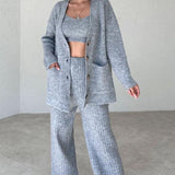 Conjunto de 3 piezas para mujer - Tejido de punto cómodo - Cárdigan extragrande, camiseta sin mangas y pantalón ancho