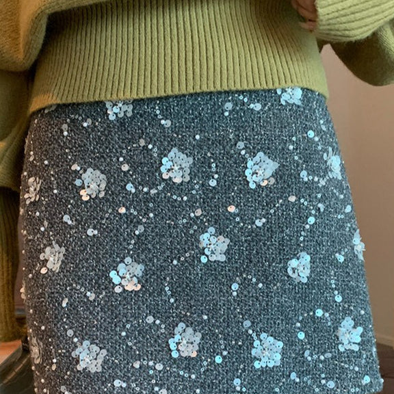 Falda trapecio de cintura alta bordada con lentejuelas