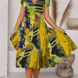 Vestido de mujer - Corte en A - Elegante escote en V - Mangas cortas - Estampado abstracto