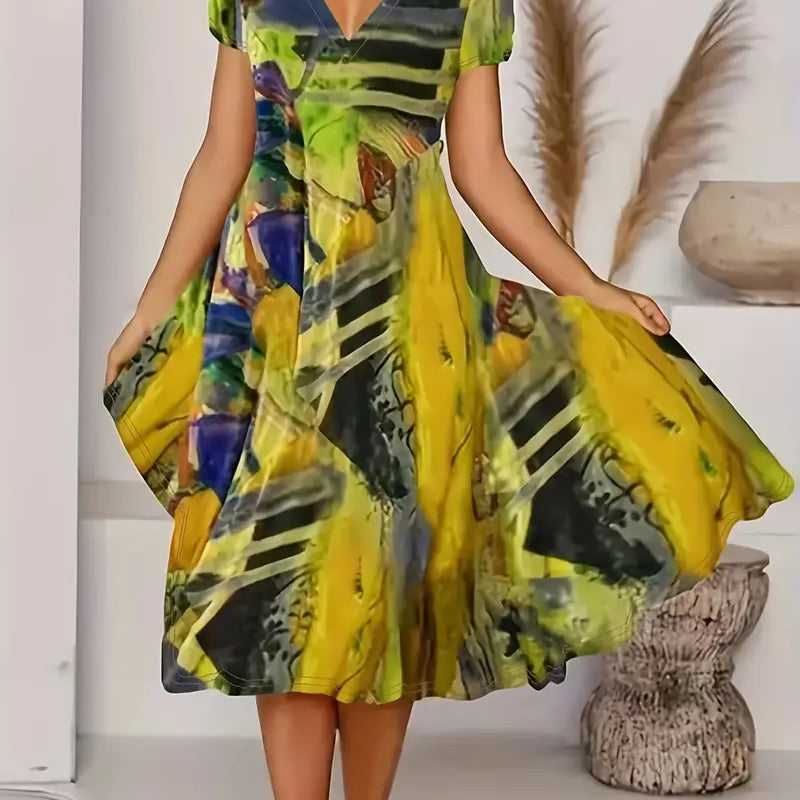 Vestido de mujer - Corte en A - Elegante escote en V - Mangas cortas - Estampado abstracto