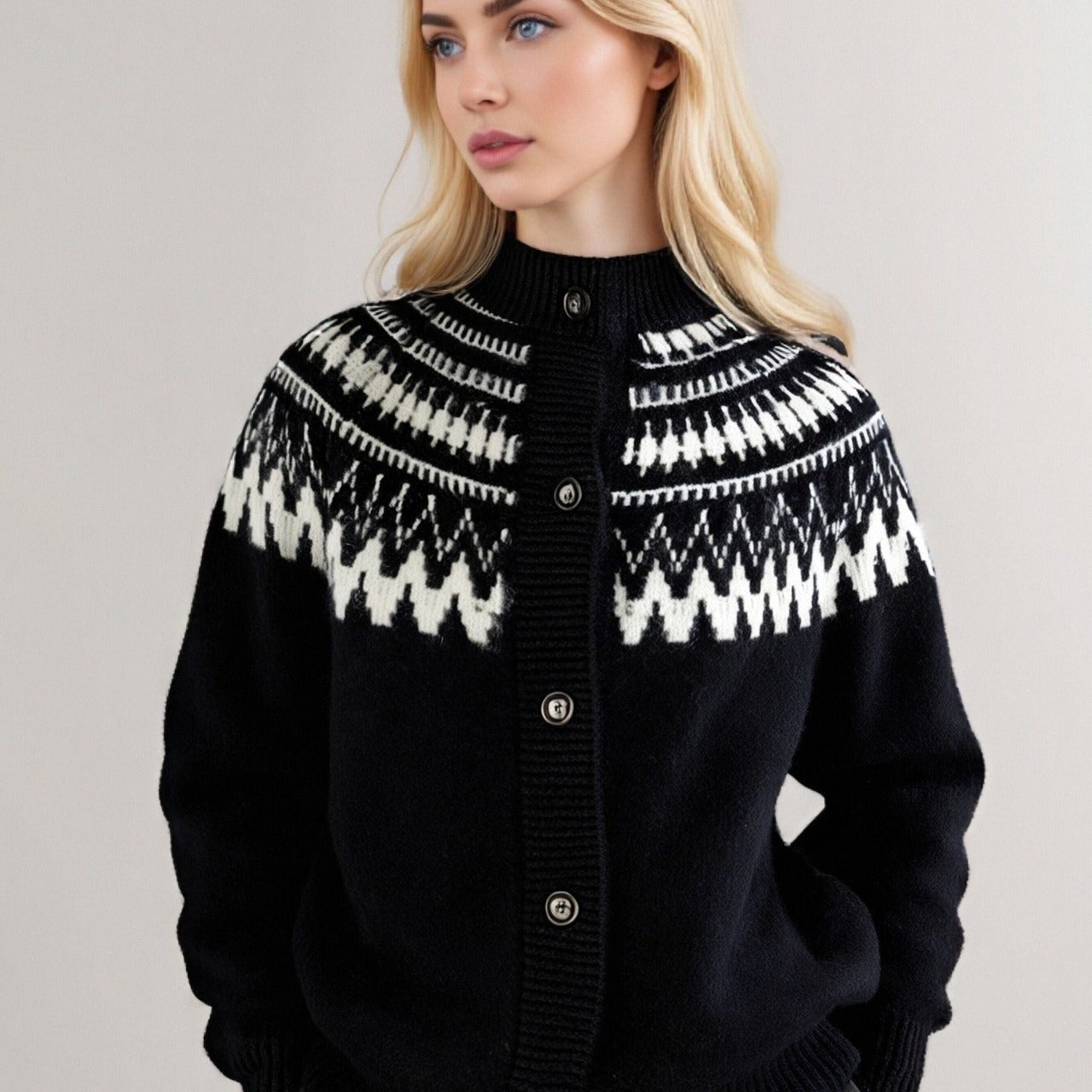 Cárdigan de punto retro Fair Isle con cuello redondo y bloques geométricos.