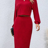 Conjunto de mujer - Falda y jersey de punto acanalado - Corte entallado - Cuello redondo - Manga larga