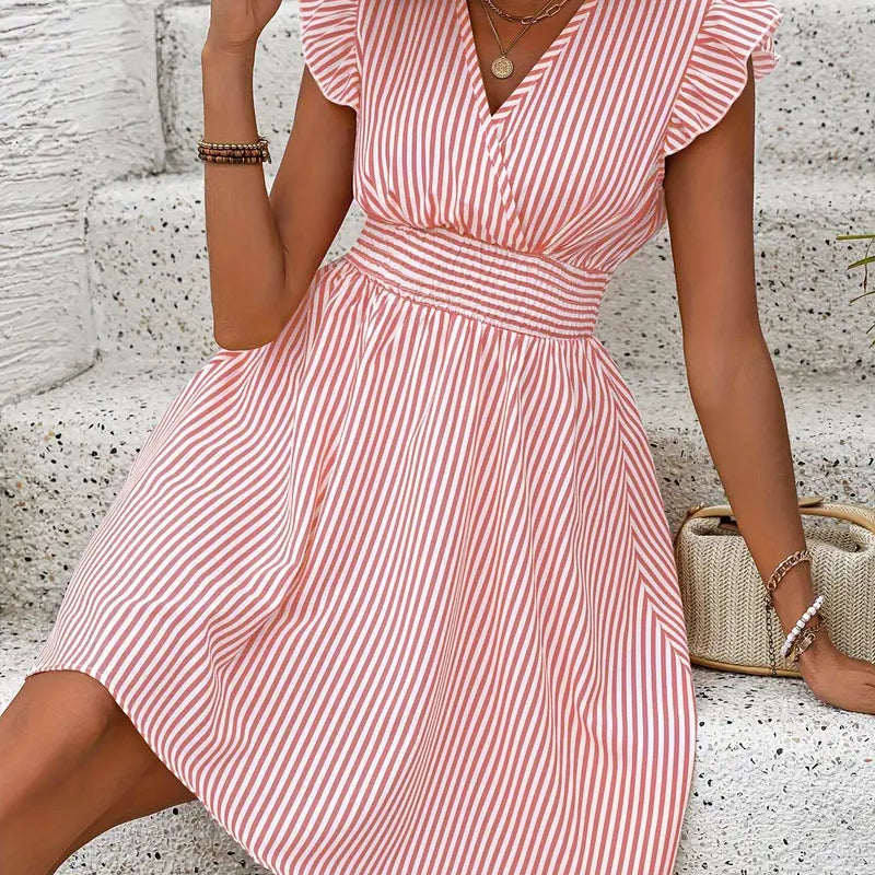 Vestido de mujer - Escote cruzado - Mangas con volantes - Cintura ajustada - Falda acampanada