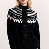 Cárdigan de punto retro Fair Isle con cuello redondo y bloques geométricos.