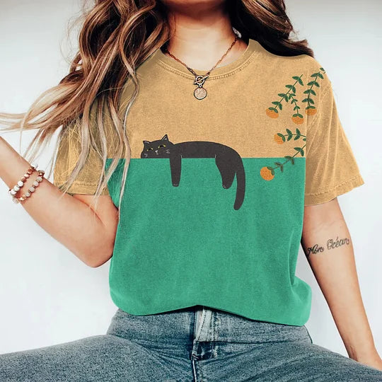 Camiseta de mujer - Corte clásico - Cuello redondo - Estampado gráfico de gato informal