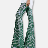 Pantalón de mujer – Cintura alta – Pierna ancha – Lentejuelas geométricas – Largo completo