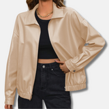 Chaqueta biker para mujer – Piel sintética – Corte holgado – Recortada – Cremallera frontal