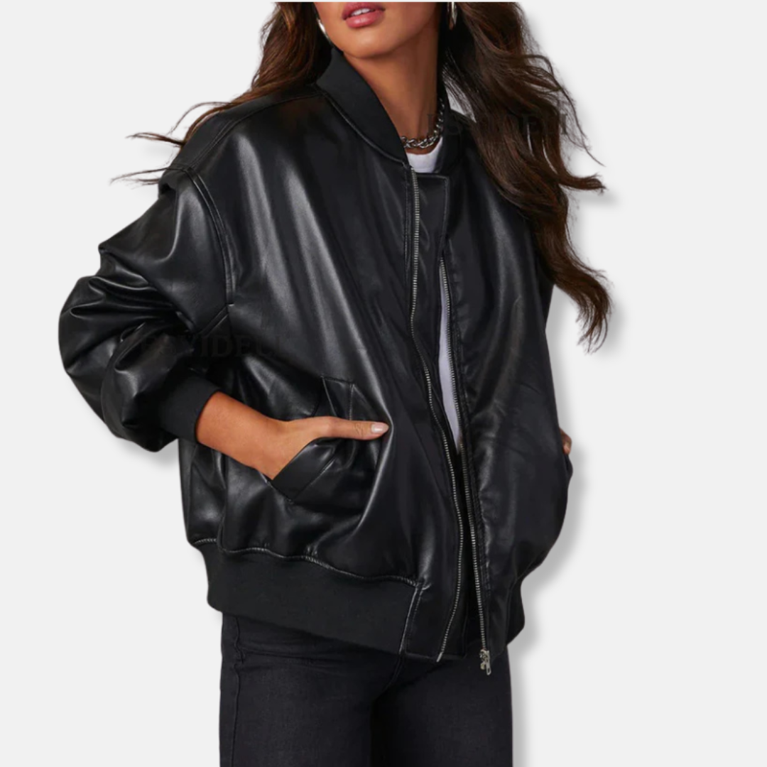 Chaqueta de mujer - Piel sintética - Corte holgado - Cuello alto acanalado