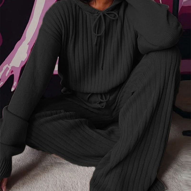 Conjunto de mujer – Punto acanalado – Cómodo y elegante – Top de manga larga con pantalón ajustado