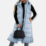Chaqueta larga para mujer – Acolchada ligera – Corte holgado – Sin mangas con capucha