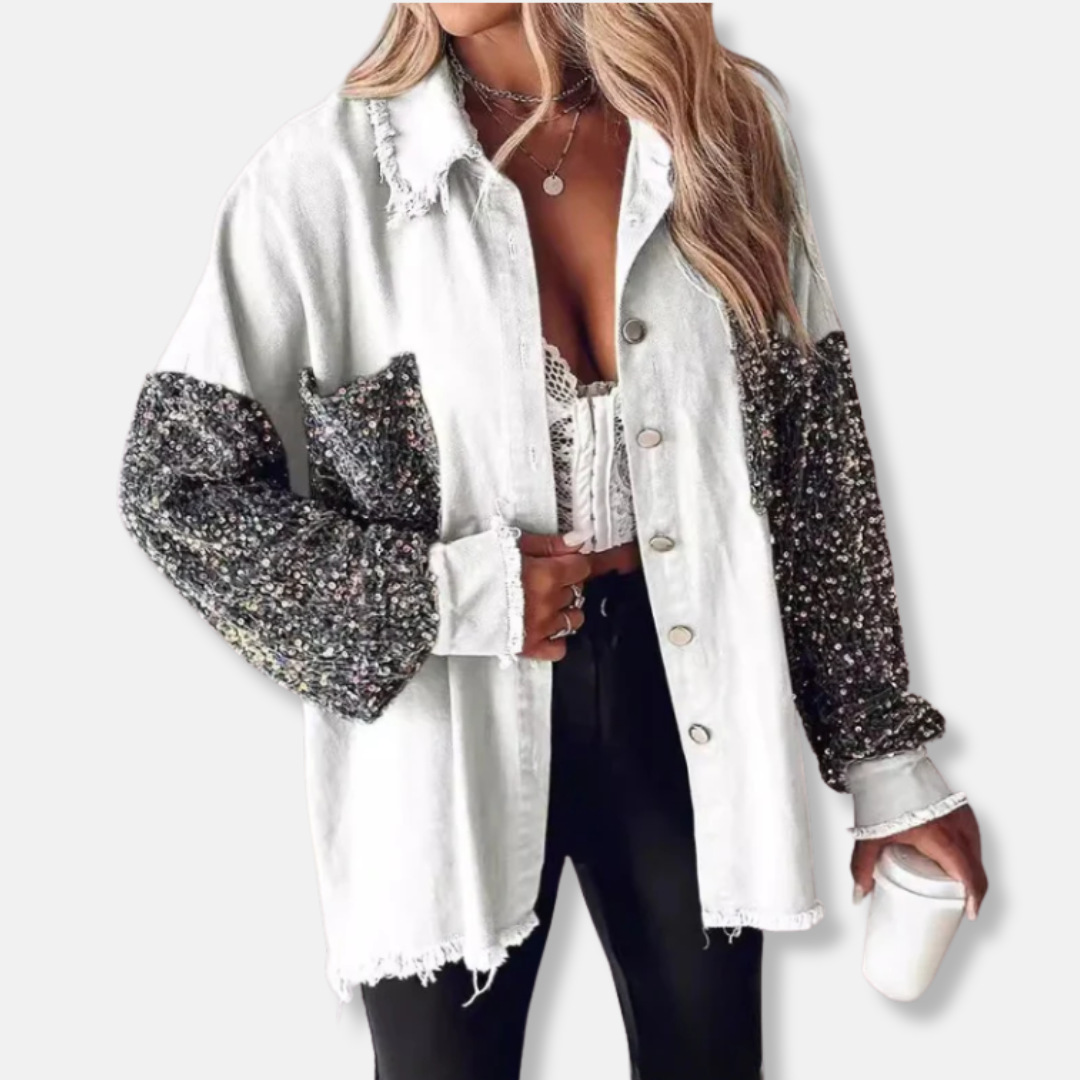 Chaqueta vaquera para mujer - Mezcla de algodón - Corte holgado - Largo túnica - Bordes deshilachados
