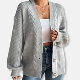 Cárdigan para mujer – Punto de lana – Corte holgado – Patrón de punto trenzado – Botones delanteros