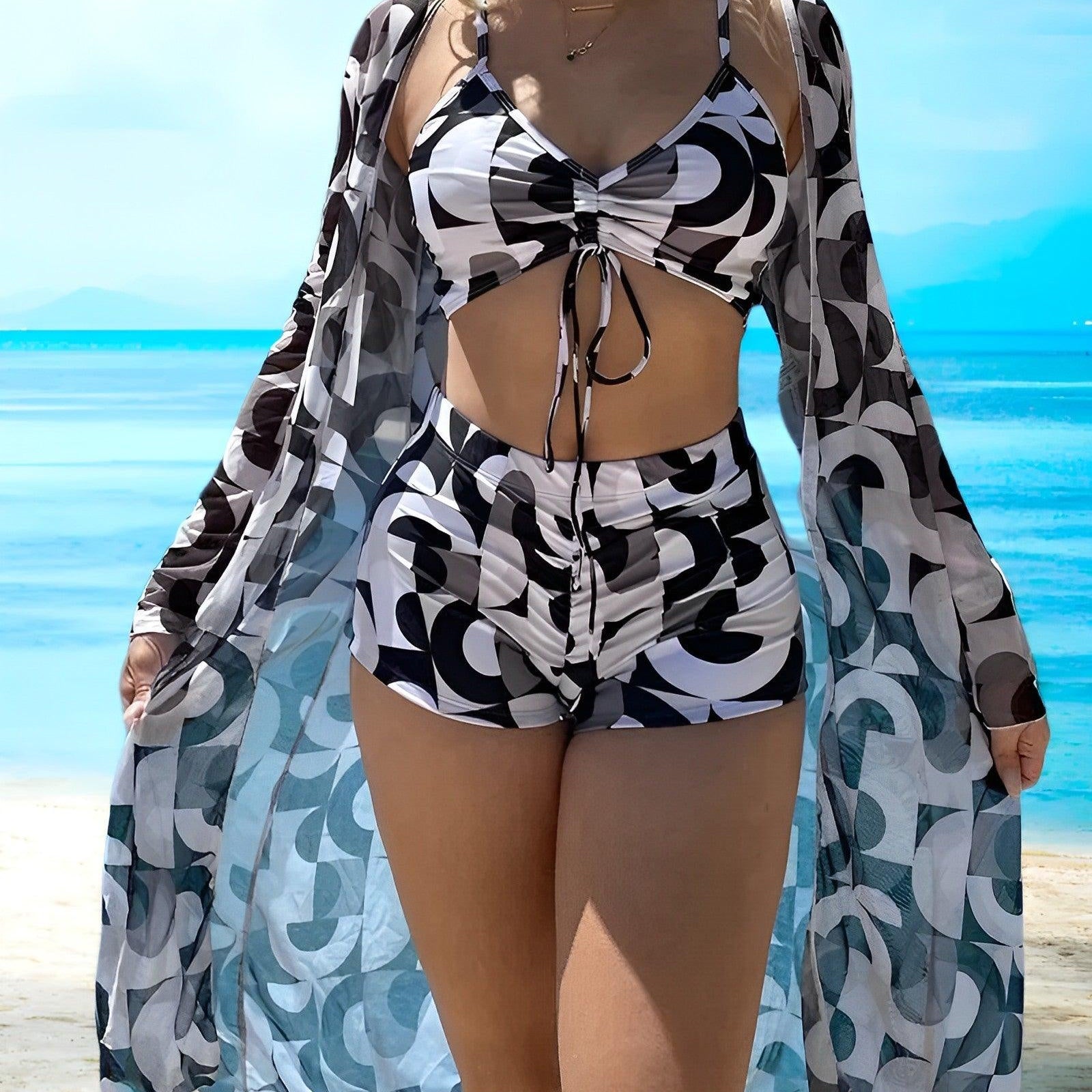 Azura – Elegante conjunto de bikini de 3 piezas con estampado floral, cómodo y transpirable