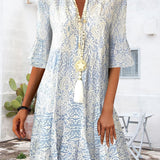 Minivestido para mujer – Corte holgado – Mangas de tres piezas – Cuello en V – Estampado bohemio – Tejido transpirable