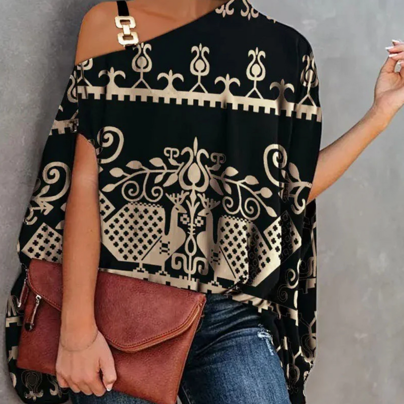Top de mujer con hombros descubiertos – Corte holgado – Estampado geométrico – Tejido transpirable