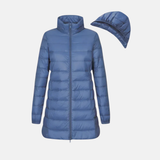 Chaqueta de plumas para mujer – Corte entallado – Largo hasta medio muslo – Acolchada – Impermeable con capucha