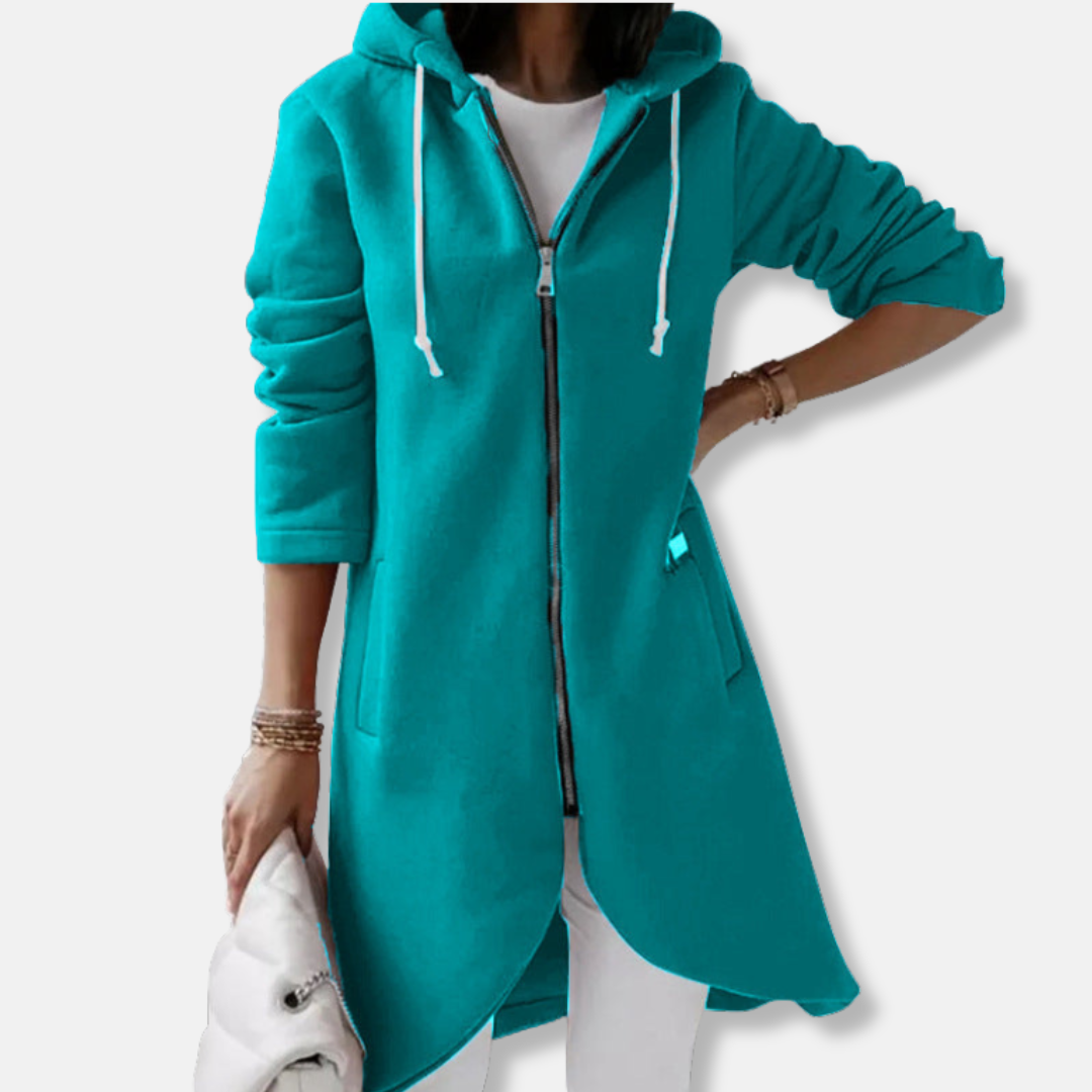 Chaqueta sudadera para mujer – Corte holgado – Algodón – Capucha con cremallera – Largo hasta la mitad del muslo