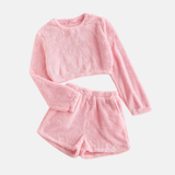 Conjunto de ropa de estar por casa para mujer: top corto de manga larga y pantalones cortos suaves de cintura alta.