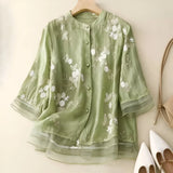 Blusa de mujer – Corte holgado – Fibras naturales – Bordado floral – Mangas 3/4