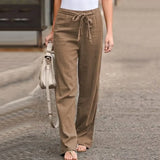 Pantalón ancho de mujer – Cintura alta – Fibras naturales – Cinturón para atar – Largo completo