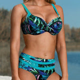 Bikini para mujer – Top estructurado con giro – Cintura alta – Estampado de hojas – Sujeción cómoda