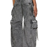 Pantalón cargo multibolsillos gris lavado, estilo urbano