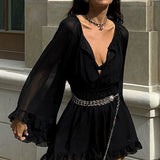 Vestido corto de punto transparente negro con cintura fruncida