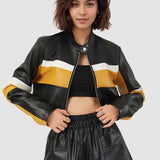 Chaqueta corta de PU con bloques de color