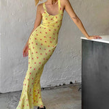 Vestido largo casual con cuello redondo y estampado floral fruncido