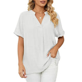 Blusa de mujer - Cuello en V - Mangas cortas con vuelta - Corte holgado - Tejido ligero y transpirable
