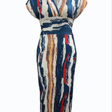 Vestido midi de mujer - Denim patchwork ajustado - Mangas cortas - Cuello en V elegante