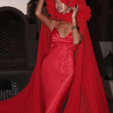 Vestido largo sexy con tirantes finos fruncidos y cinta de satén.