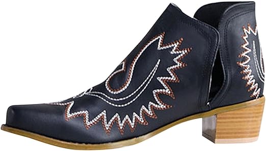 Botines de mujer - Estilo western - Tacón de bloque cómodo - Punta puntiaguda - Detalles decorativos