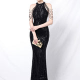 Vestido de noche largo sirena con lentejuelas y espalda abierta