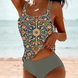 Traje de baño para mujer – Tankini de dos piezas – Tirantes dobles – Cobertura total – Tejido elástico transpirable