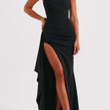 Vestido de noche sexy sin tirantes con abertura.
