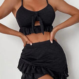 Bikini de mujer – Conjunto de dos piezas – Lazo delantero – Bordado de ojales – Falda con volantes