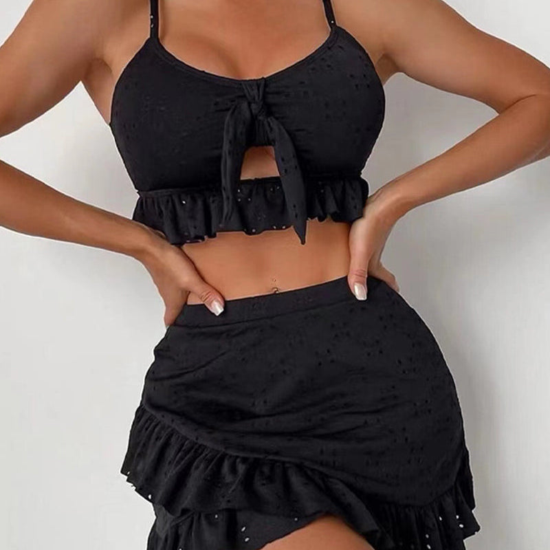 Bikini de mujer – Conjunto de dos piezas – Lazo delantero – Bordado de ojales – Falda con volantes